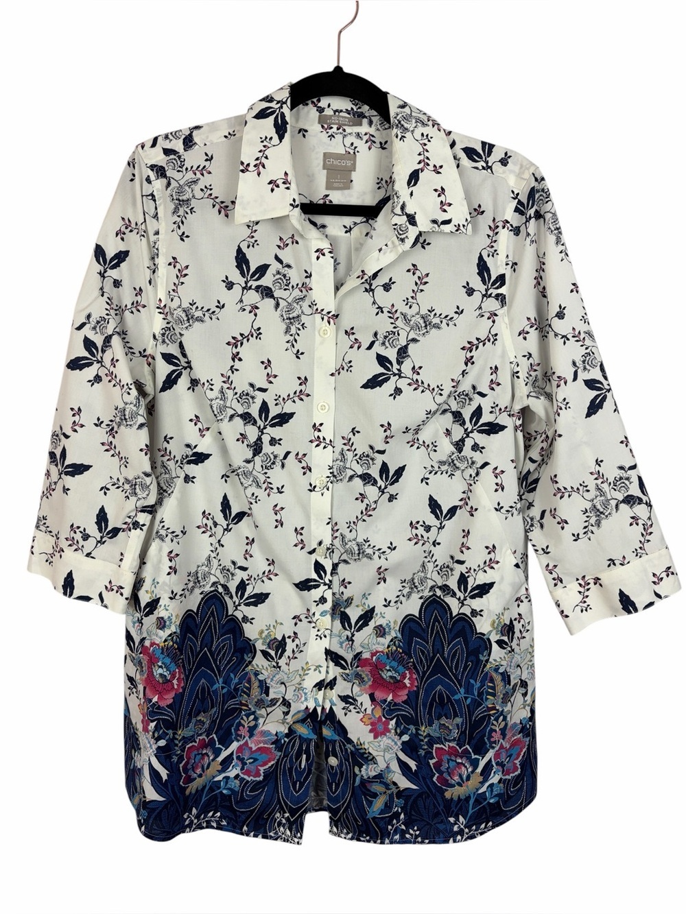Chico’s No Iron Stain Shield Floral Blouse Button Front Pockets Stretch Cotton